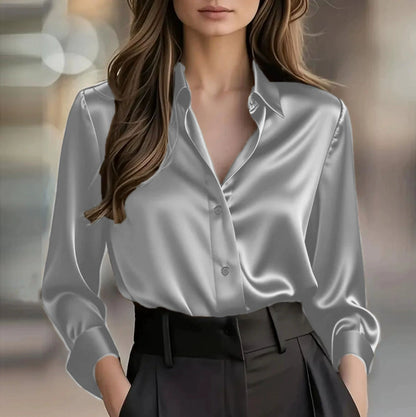 Women's Satin Button-Up Long-Sleeve Blouse (photo 10)