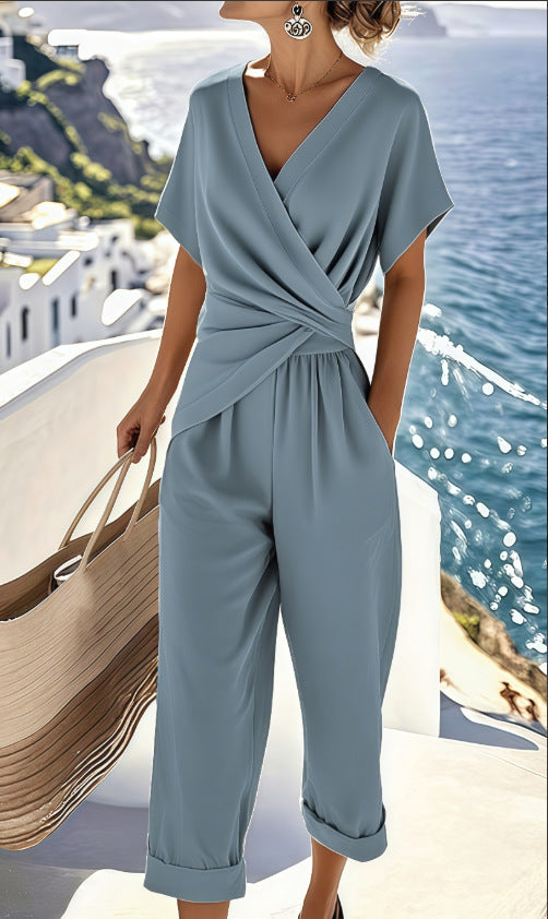 Women's Pleated V-Neck Short-Sleeve Top and Cropped Pants Set (photo 7)