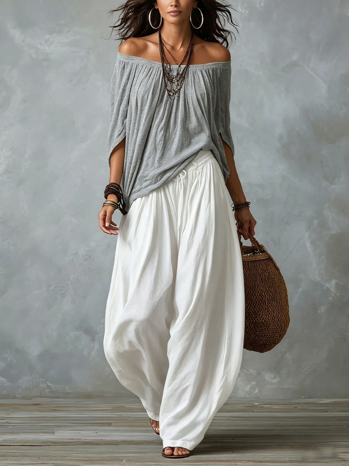 Women's Off-Shoulder Top and Flare Pants Set (photo 9)