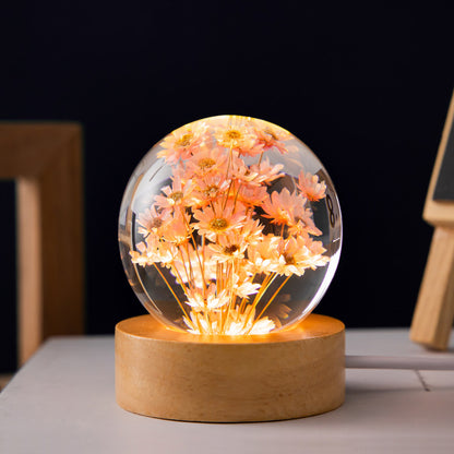 Dandelion or Daisy Ball Night Light with Beech Wood Base, USB – Red Daisies