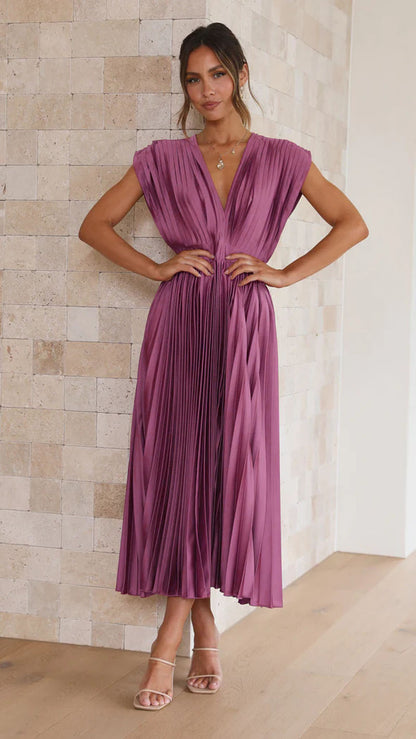 Women's V-Neck Pleated Sleeveless Dress with Zipper (photo 16)