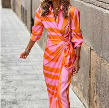 Women's Printed Lapel Shirt Dress with Belt (photo 14)