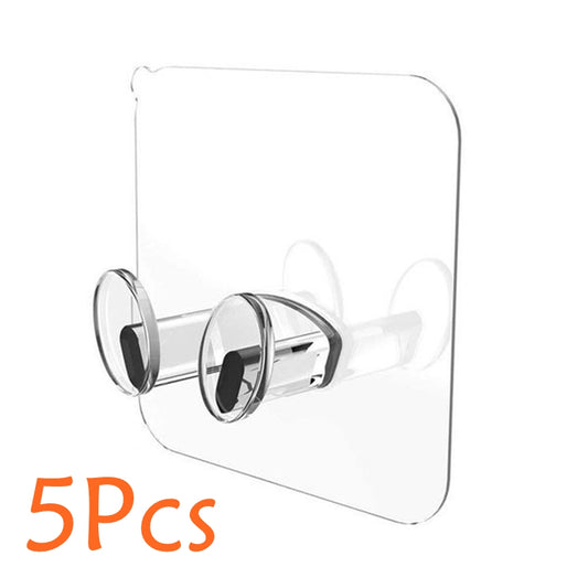 Single clear adhesive double hook on a transparent square backing plate, labeled 5Pcs