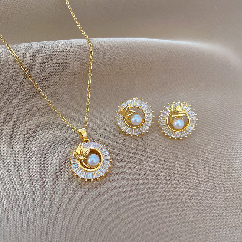 Rhinestone Leaf Necklace and Stud Earrings Set (photo 4)