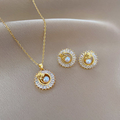 Rhinestone Leaf Necklace and Stud Earrings Set (photo 4)