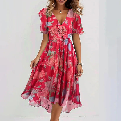 Women's Printed Chiffon V-Neck Short-Sleeve Dress (photo 3)
