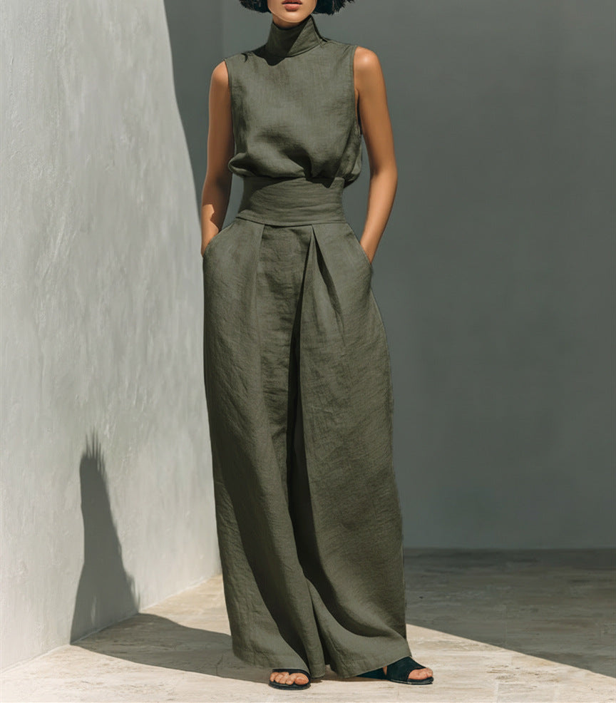 Women's Sleeveless Stand-Collar Top and Wide Pants Set (photo 11)