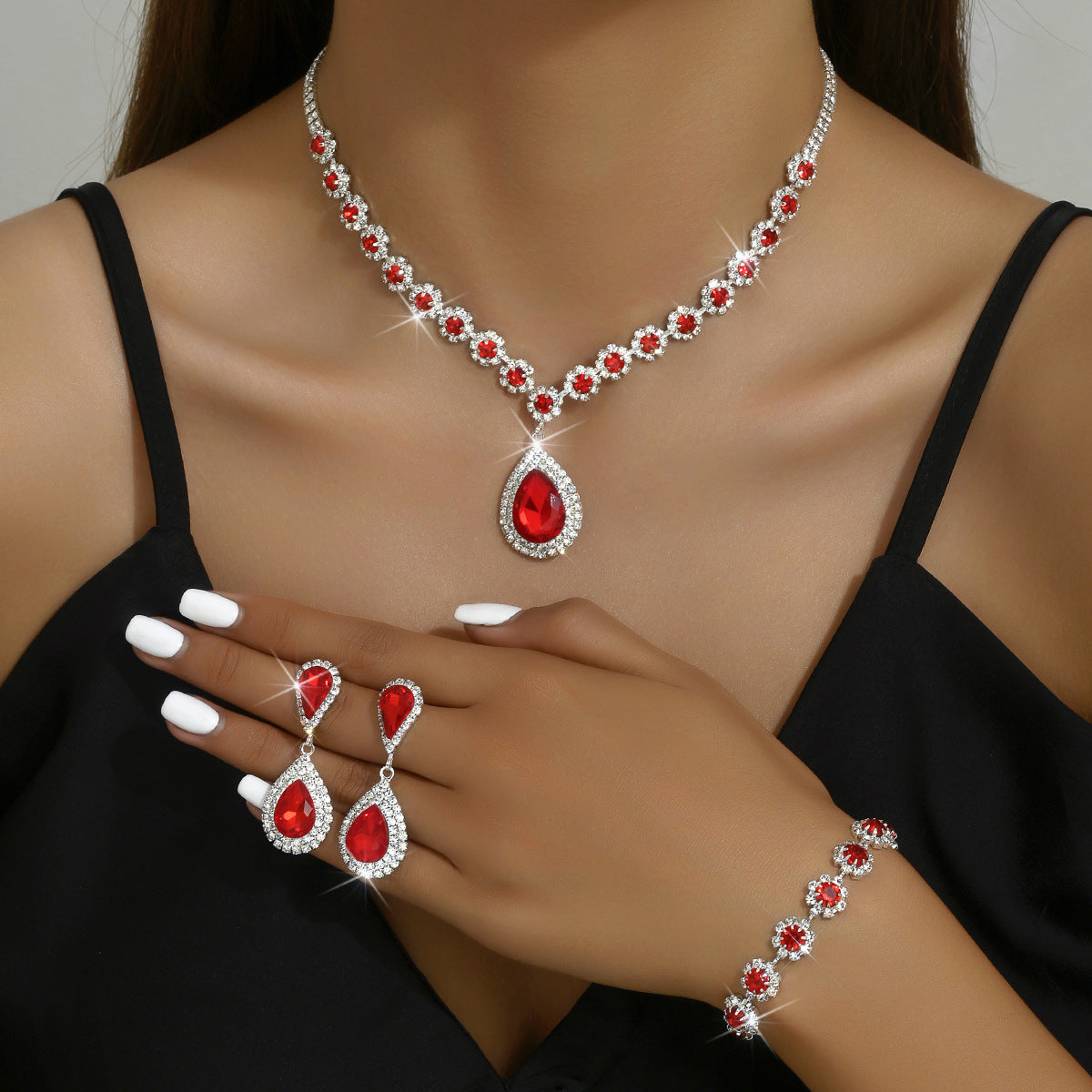Rhinestone Necklace, Earrings and Bracelet Jewelry Set (photo 3)