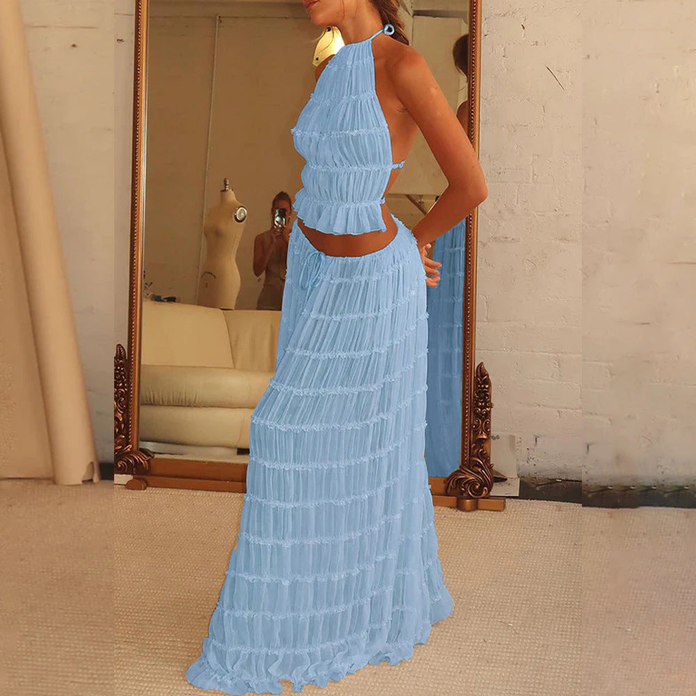 Women's Halter Crop Top and Pleated Maxi Skirt Set (photo 11)