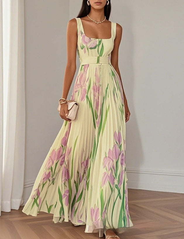 Women's Floral Pleated Sleeveless A-Line Midi Dress (photo 4)
