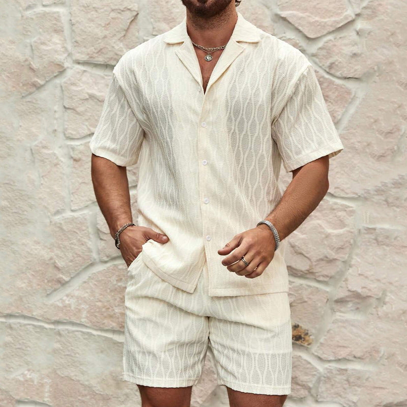 Men's Lapel Short-Sleeve Shirt and Shorts Set (photo 2)