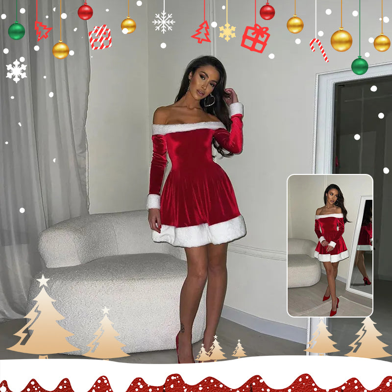 Women's Santa Costume Dress with Plush Trim