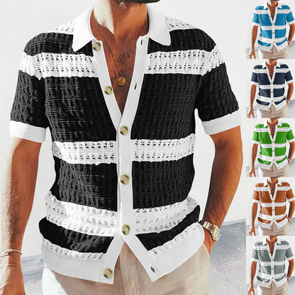 Men's Knit Polo Cardigan Shirt with Cut-Out Pattern