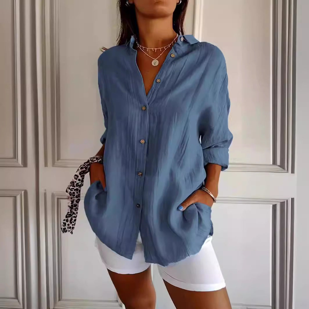 Women's Lapel Long-Sleeve Pleated Button-Front Shirt (photo 2)