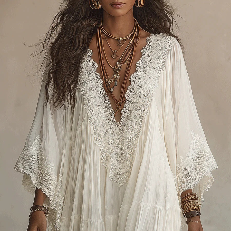Women's V-Neck Maxi Dress with Lace Trim (photo 6)