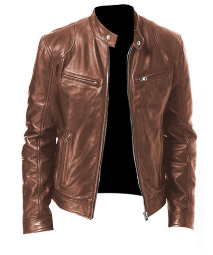 Men's PU Leather Zip-Up Stand-Collar Jacket (photo 9)
