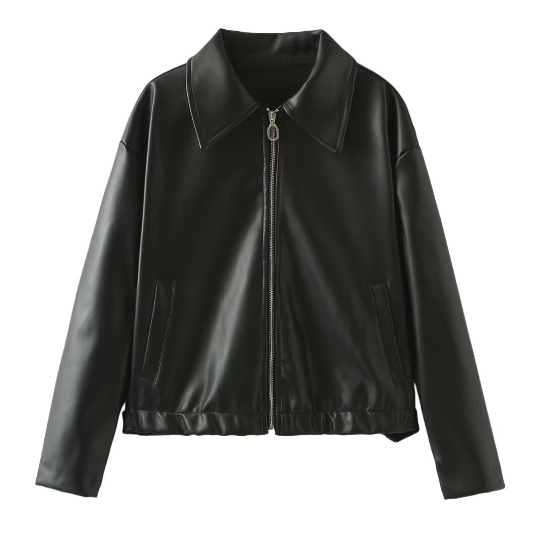 Women's Faux Leather Lapel Zip Jacket (photo 11)
