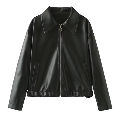 Women's Faux Leather Lapel Zip Jacket (photo 11)