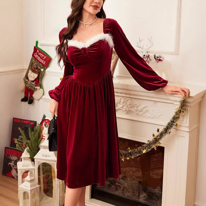 Women's Vintage Velvet Square-Neck Long-Sleeve Dress (photo 5)