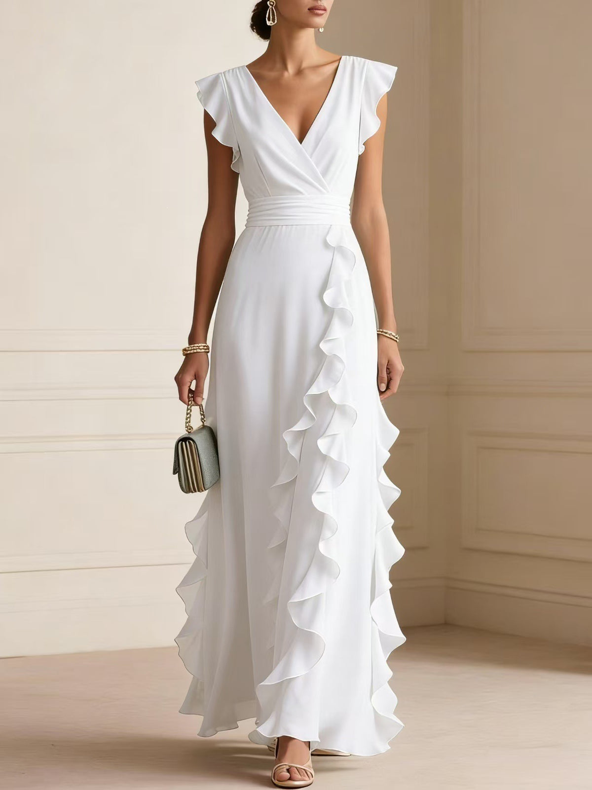 Women's Ruffle V-Neck Sleeveless Maxi Dress (photo 7)