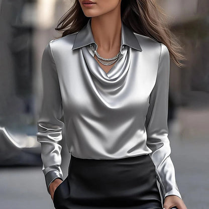 Women's Draped-Collar Satin Long-Sleeve Blouse (photo 4)