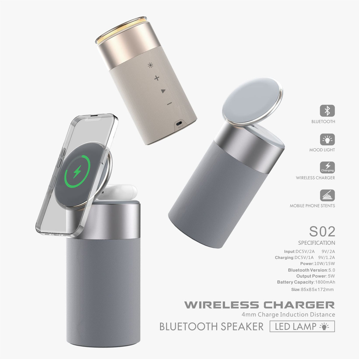 3-in-1 Bluetooth Speaker with Wireless Charger and Touch Lamp (photo 3)