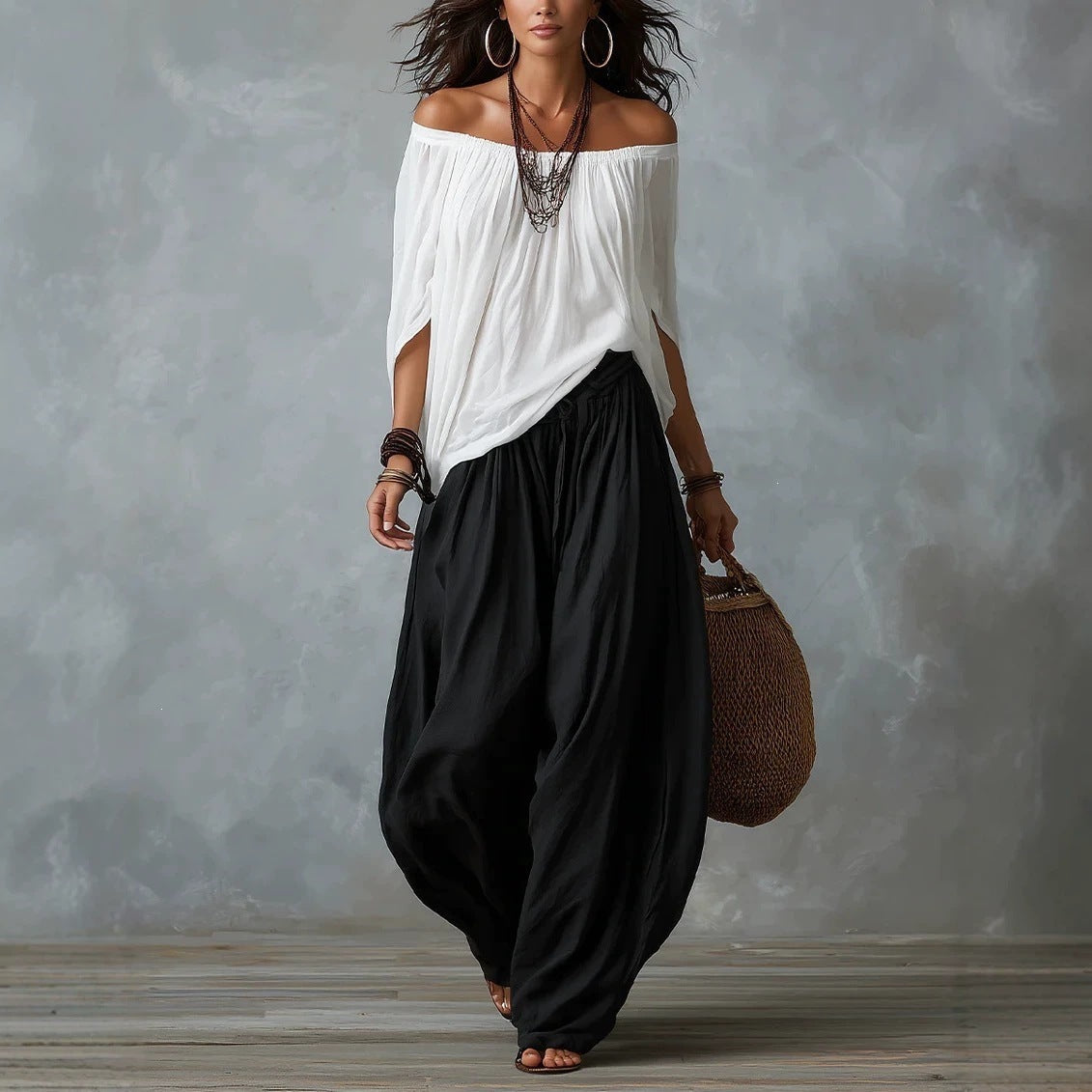 Women's Off-Shoulder Top and Flare Pants Set (photo 2)