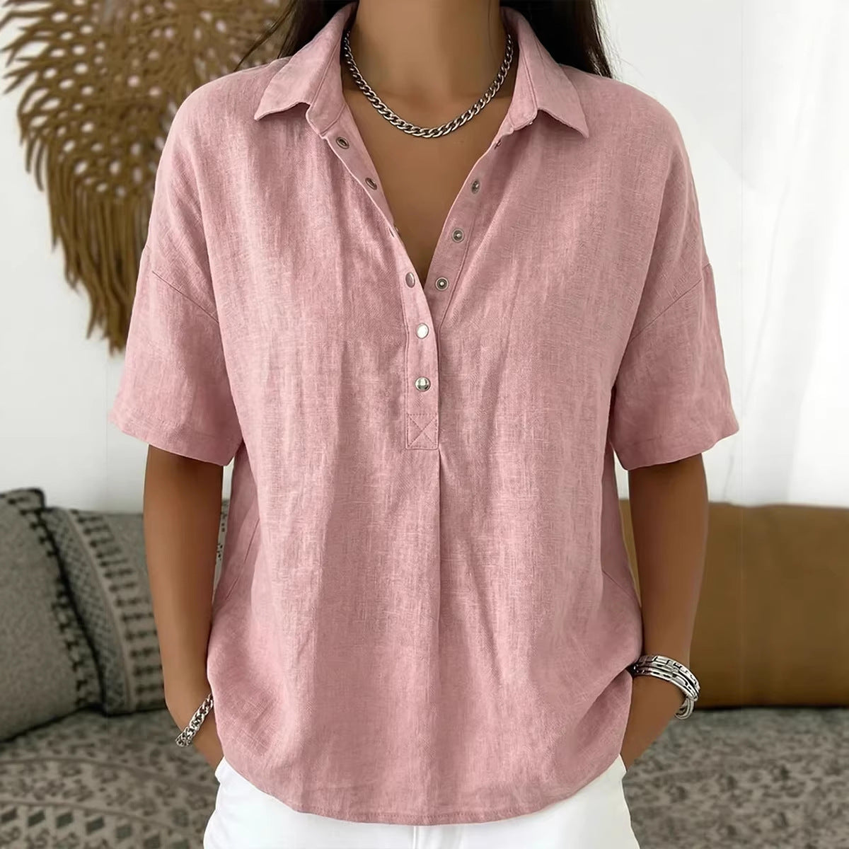 Women's Short-Sleeve Button-Detail Pullover Shirt (photo 4)