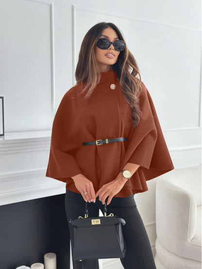 Women's Stand-Collar Batwing Cape Jacket with Belt (photo 23)