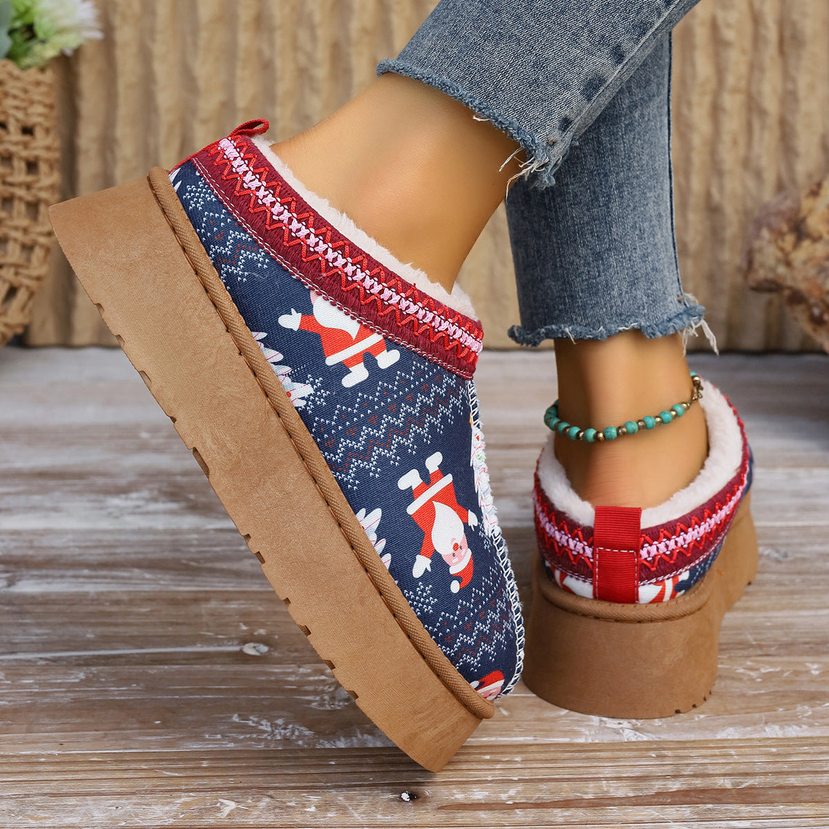 Women's Christmas Print Plush-Lined Slip-On Ankle Boots (photo 2)