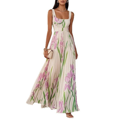 Women's Floral Pleated Sleeveless A-Line Midi Dress (photo 13)