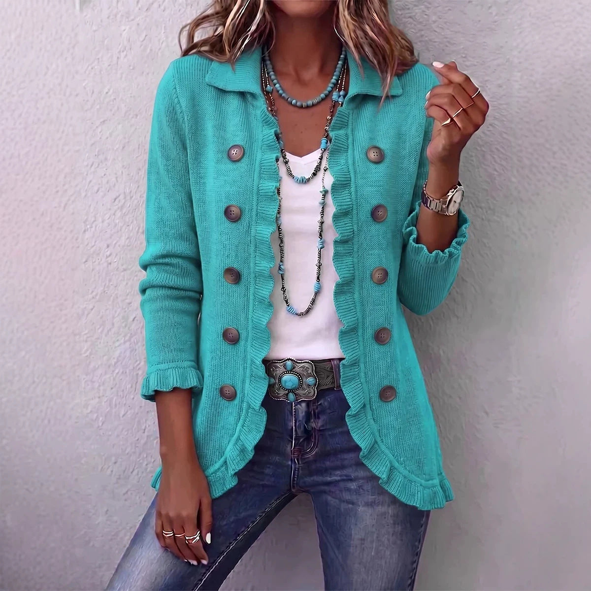 Women's Ruffled Button-Front Knit Cardigan (photo 2)