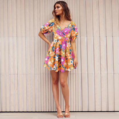 Women's Floral V-Neck Lantern-Sleeve Mini Dress (photo 2)