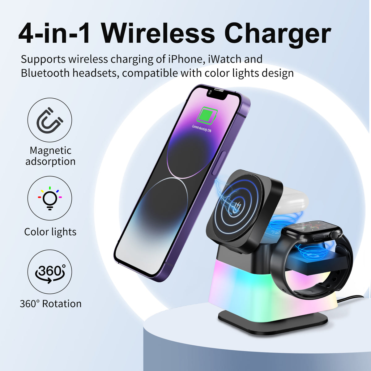 4-in-1 Rotating Magnetic Wireless Charging Stand with Night Light
