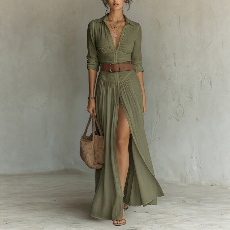 Women's V-Neck Maxi Shirt Dress with Side Slit (photo 9)