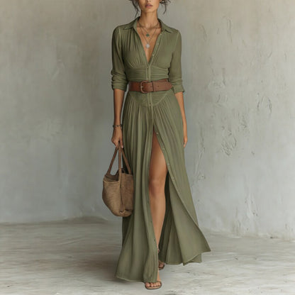 Women's V-Neck Maxi Shirt Dress with Side Slit (photo 9)
