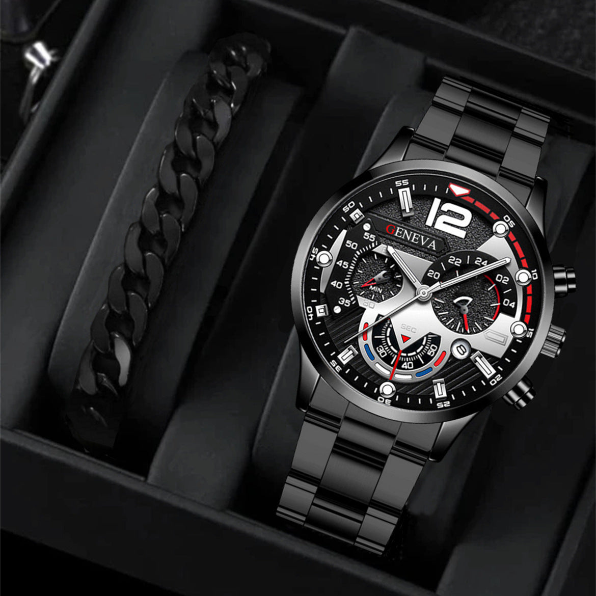 Men's Steel Strap Quartz Watch and Bracelet Set (photo 3)