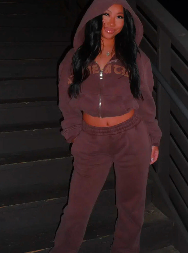 Women's Zip-Up Hooded Crop Sweatshirt and Drawstring Pants Set (photo 6)