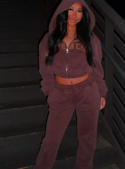 Women's Zip-Up Hooded Crop Sweatshirt and Drawstring Pants Set (photo 6)