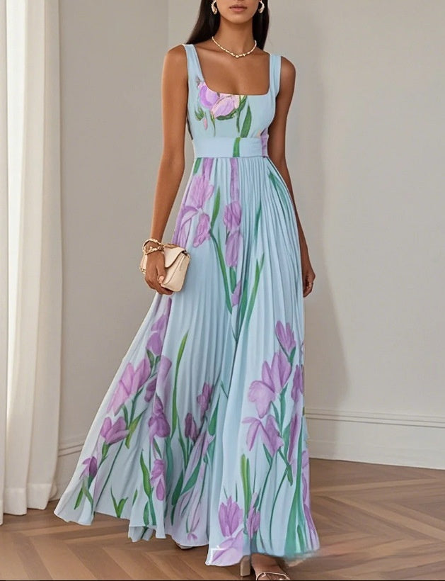 Women's Floral Pleated Sleeveless A-Line Midi Dress (photo 7)