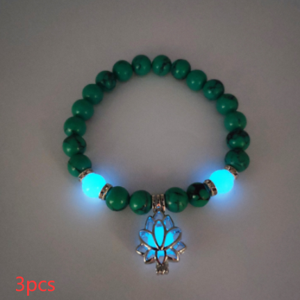 Glow-in-the-Dark Lotus Charm Beaded Bracelet – E, 3-Pack