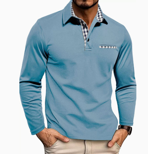 Men's Plaid-Panel Lapel Long-Sleeve Polo Shirt (photo 13)