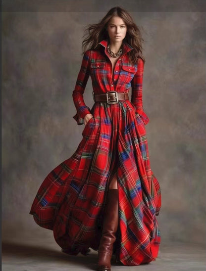 Women's Plaid Long-Sleeve Shirt Dress with Pockets (photo 24)