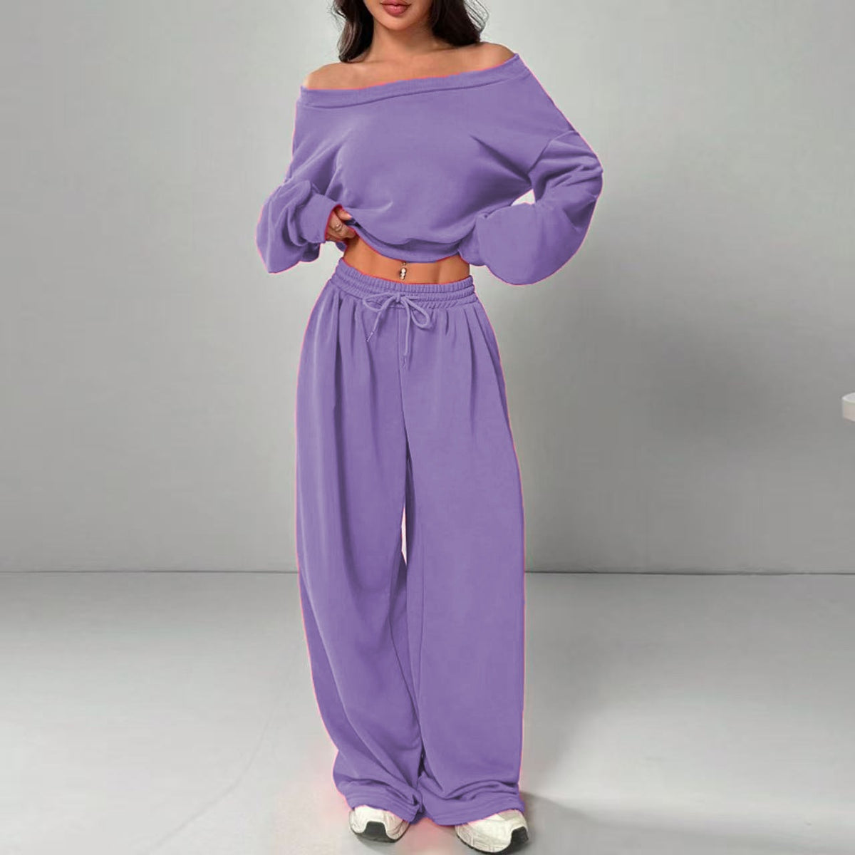 Women's One-Shoulder Sweatshirt and Tie-Waist Trousers Set (photo 9)