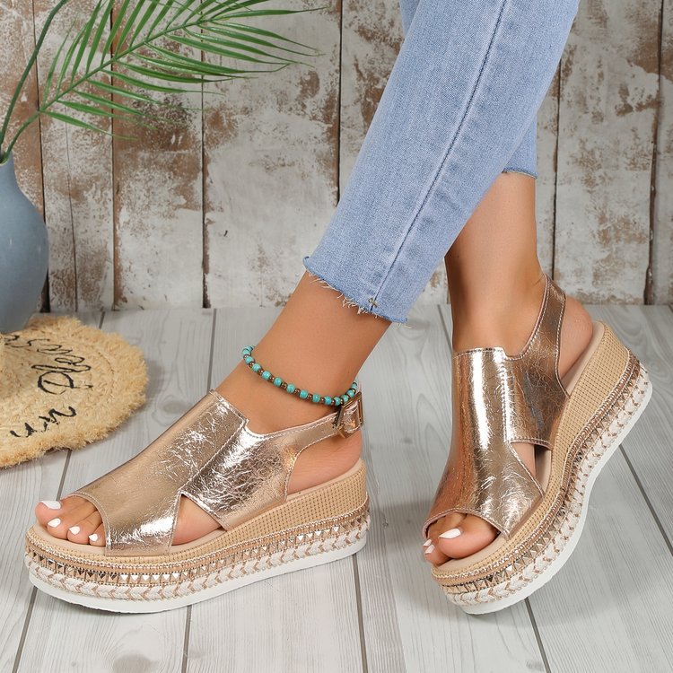Women's Metallic Peep-Toe Buckle Wedge Sandals (photo 3)
