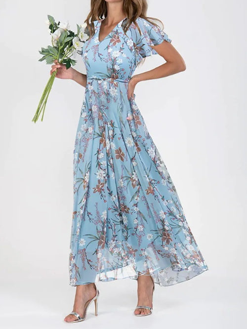 Women's Floral V-Neck Ruffle A-Line Dress (photo 9)