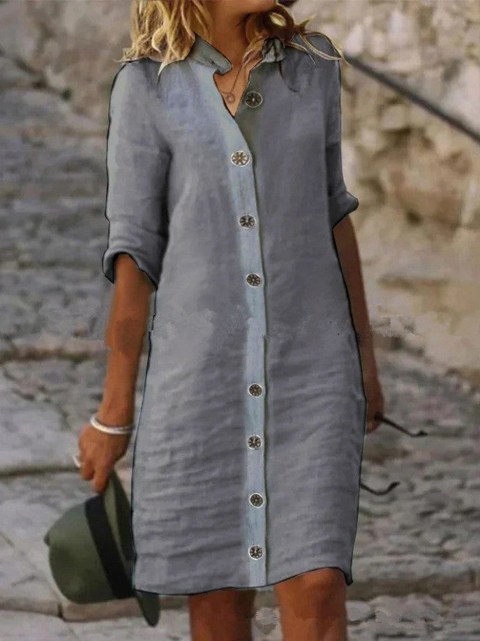 Women's Half-Sleeve V-Neck Button-Front Shirt Dress (photo 12)
