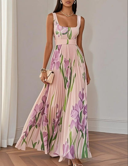 Women's Floral Pleated Sleeveless A-Line Midi Dress (photo 5)