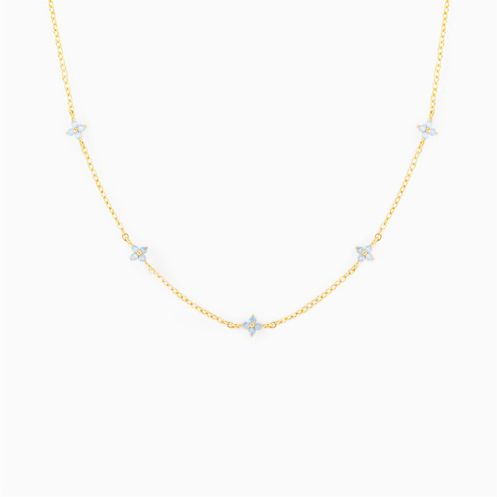 Dainty Flower Station Necklace, Gold or Silver Tone – Gold Tone, Blue Flowers