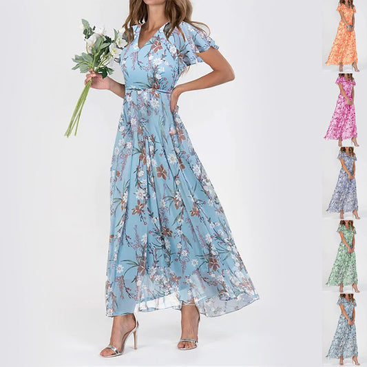 Women's Floral V-Neck Ruffle A-Line Dress